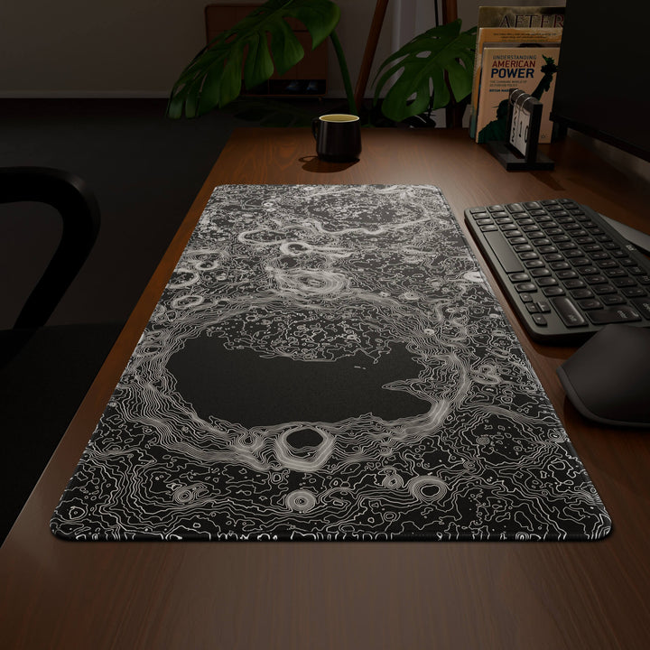 Wide angled view of a complete desk setup, featuring a 90x40CM / 35x15.7in large mouse pad / desk mat with the captivating 'Lunar Topographic' design, inspired by minimalist lunar surface art. This extra-large mousepad seamlessly integrates into any workspace, providing a cohesive and productive environment.