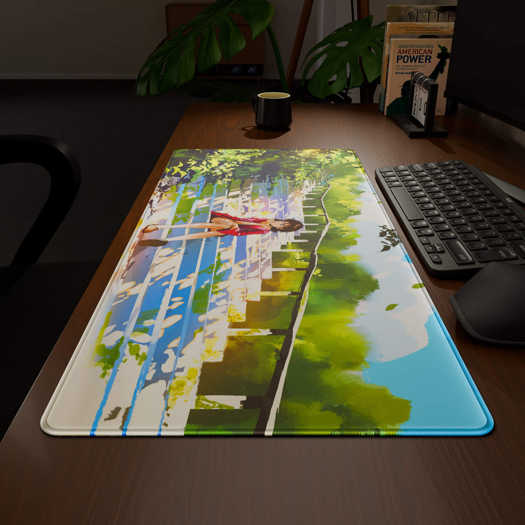Wide angled view of a complete desk setup, featuring a 90x40CM / 35x15.7in large mouse pad / desk mat with the captivating 'Peaceful Lofi Girl' design, inspired by lofi and scenic anime art. This extra-large mousepad seamlessly integrates into any workspace, providing a cohesive and productive environment.