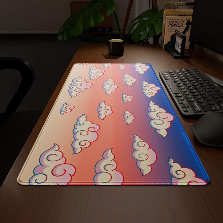 Wide angled view of a complete desk setup, featuring a 90x40CM / 35x15.7in large mouse pad / desk mat with the captivating 'Sunset Clouds' design, inspired by Naruto and vibrant Japanese anime art. This extra-large mousepad seamlessly integrates into any workspace, providing a cohesive and productive environment.