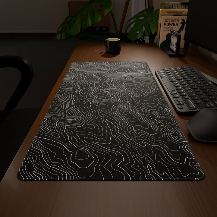 Wide angled view of a complete desk setup, featuring a 90x40CM / 35x15.7in large mouse pad / desk mat with the captivating 'Classic Topographic' design, inspired by minimalist topographic line art. This extra-large mousepad seamlessly integrates into any workspace, providing a cohesive and productive environment.